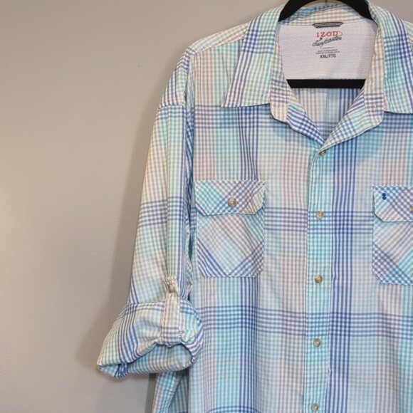 IZOD Surfcaster Button Down Shirt Long Roll Tab Sleeve Plaid Print Flap Pocket - Picture 6 of 12